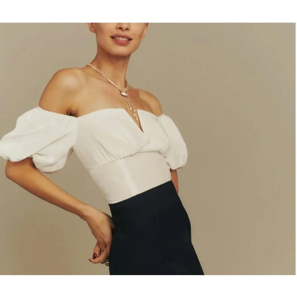 Reformation Amina Blouse Top Silk Velvet Puff Sleeve Top V-Neck Smocked Ivory‎